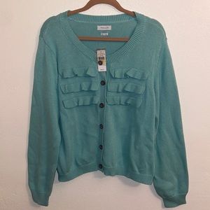 Van Heusen Aqua Blue Ruffle Detail Button Up Knit Cardigan NWT Size XL